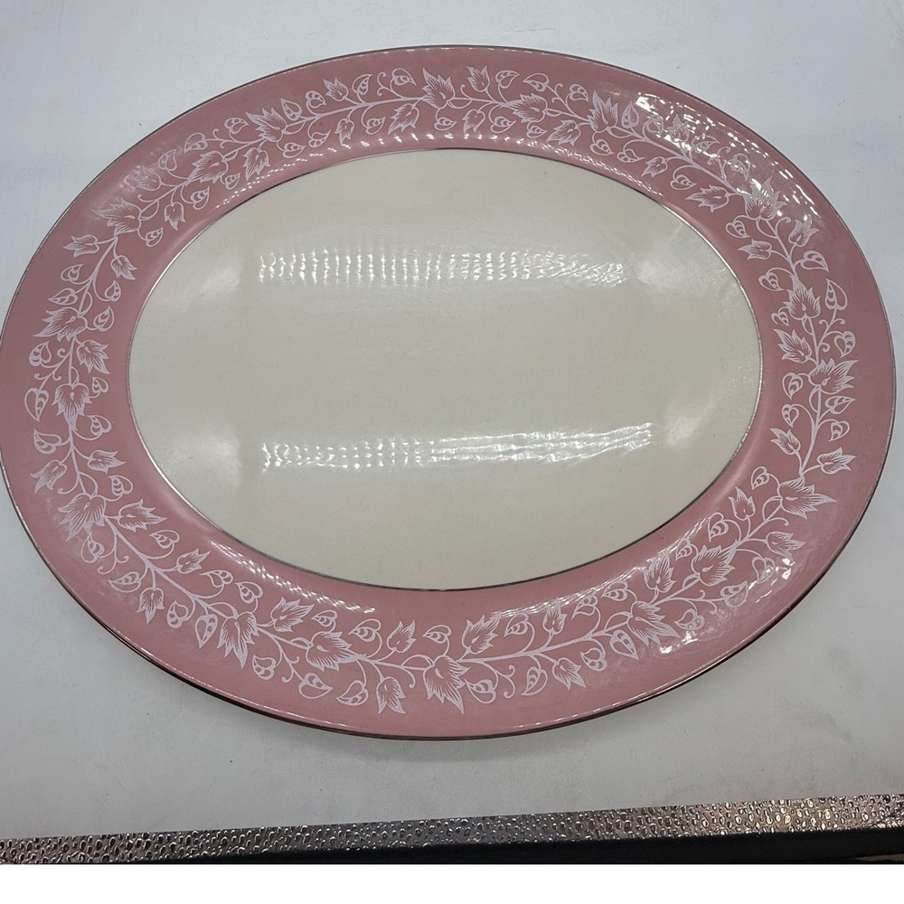 Flintridge China Pink White Floral Vine Oval Serving Platter California MCM‎ Vtg